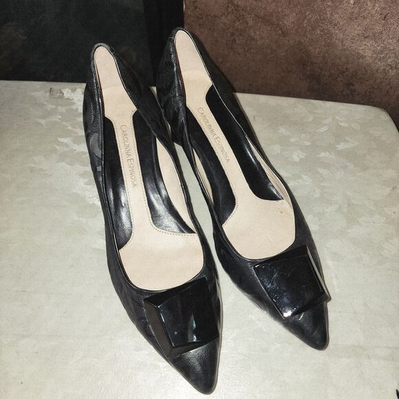 CAROLINNA ESPINOSA CELINE 8.5 Black Embossed Leather Slip On Swirl Classy Heels - Picture 11 of 16